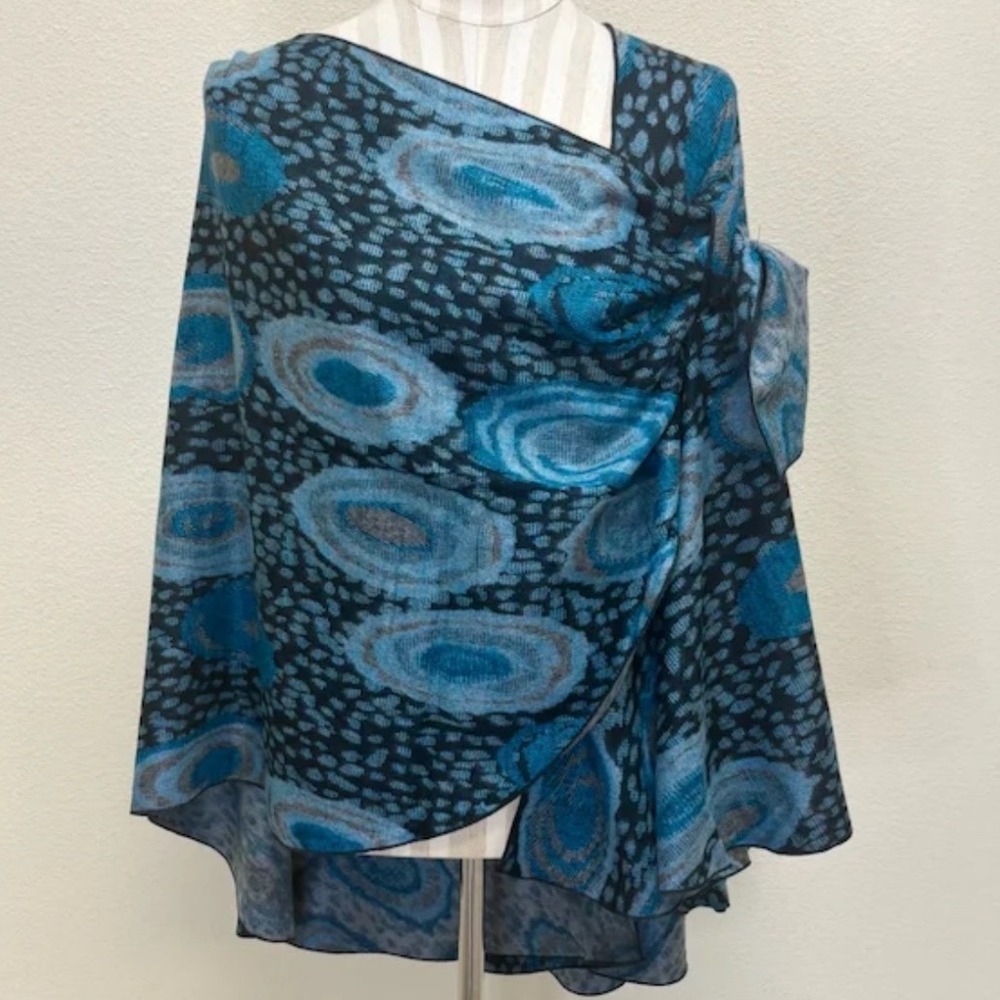 Rapti 100% Cashmere Reversible Loop Shawl Print 22 Blue Grey Abstract Wrap NEW